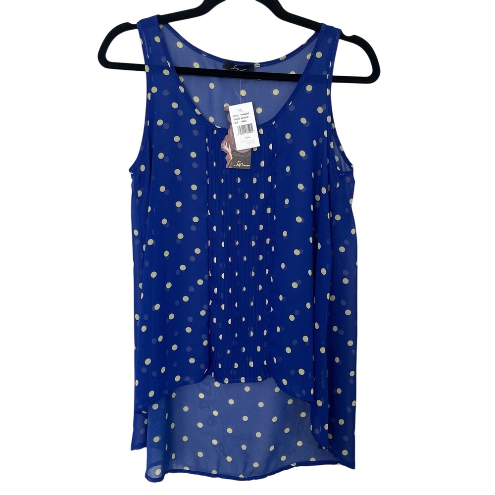 Soprano Blue Polka Dot Sleeveless Pleated Blouse Top Small NWT